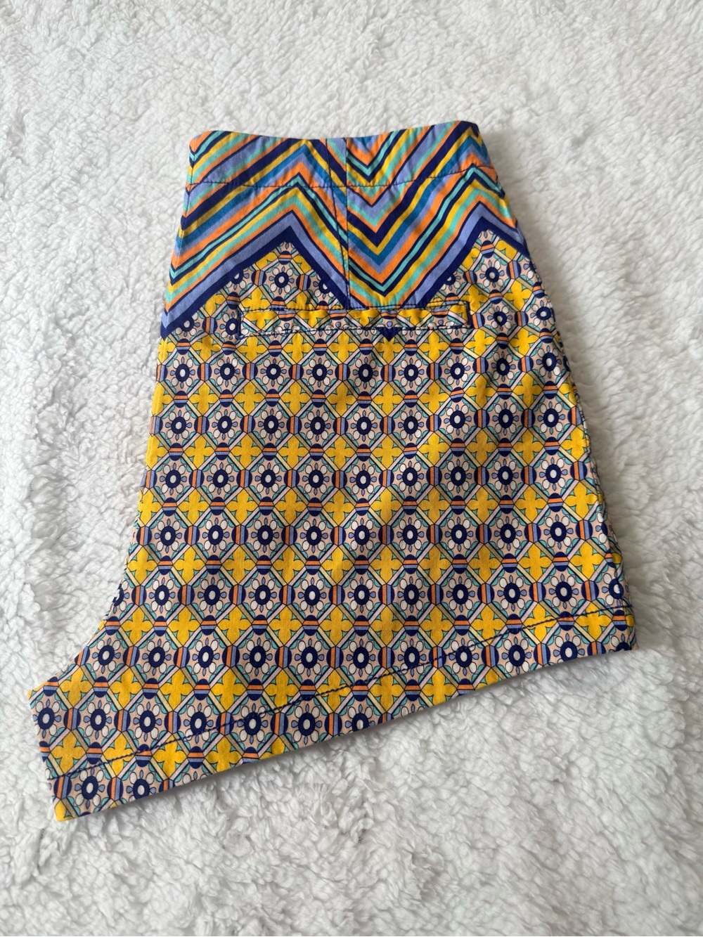 Maeve Asymmetrical Shorts in Yellow, Blue & Navy